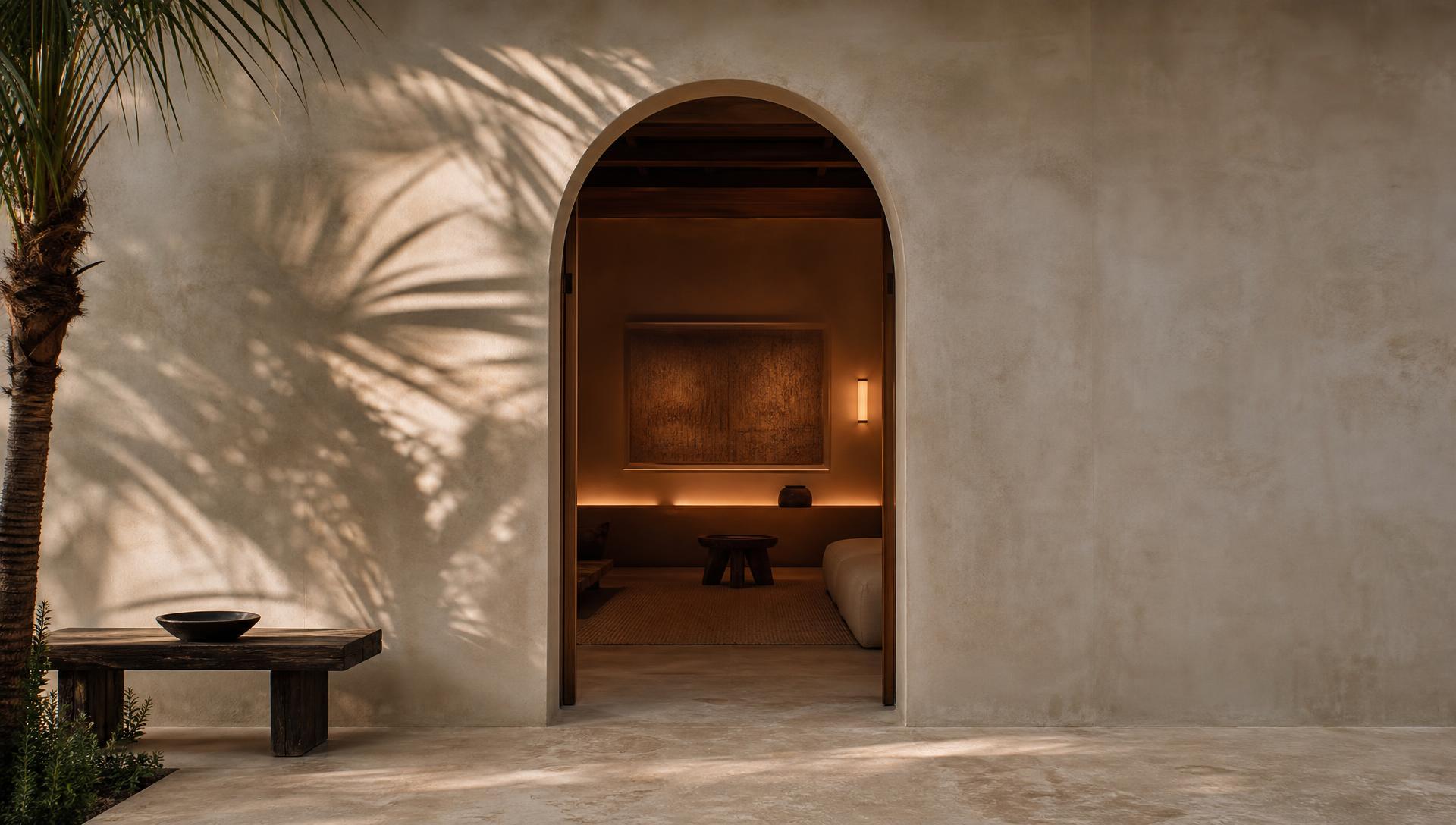 Warm light spilling through the arched entrance of FOUND