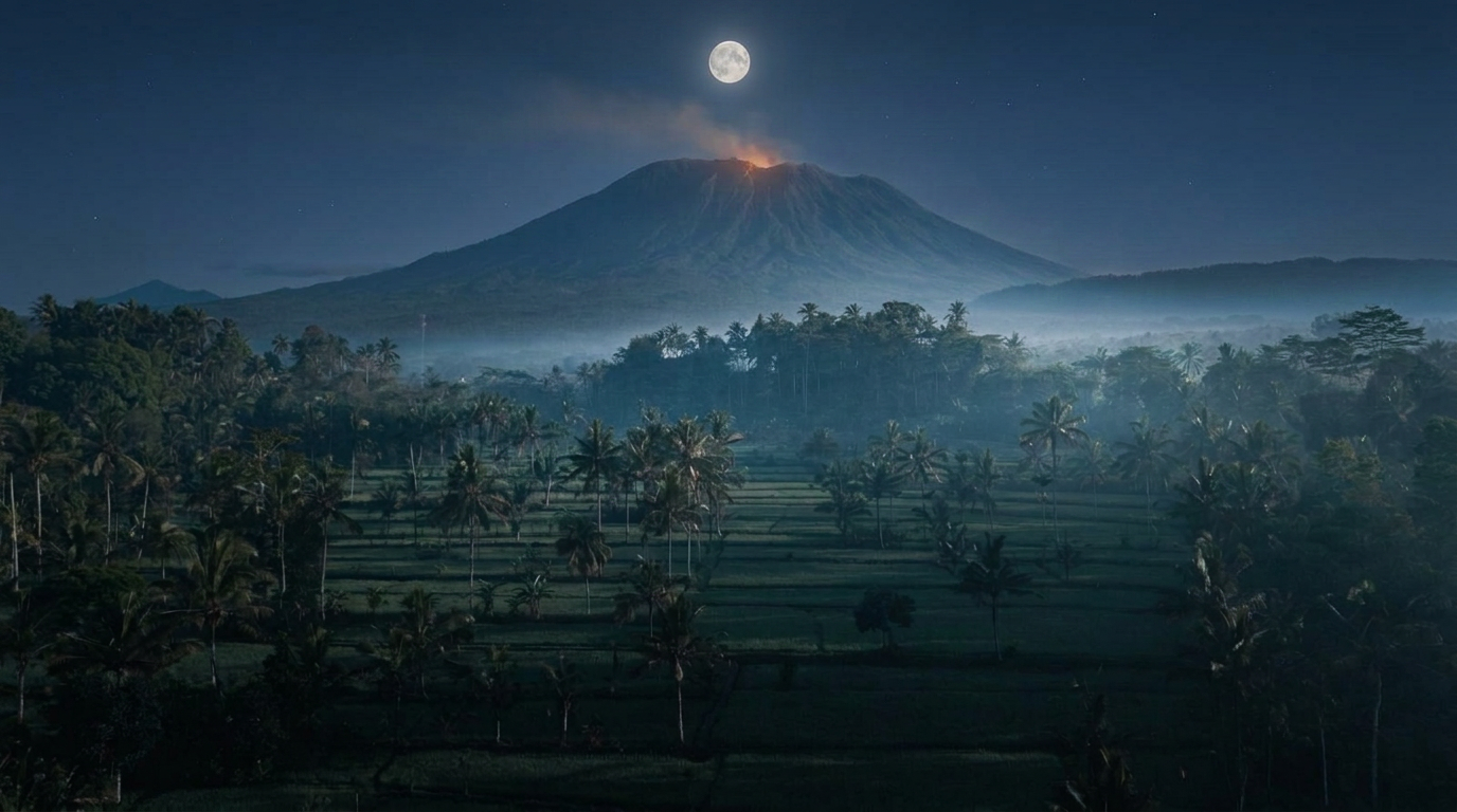 Starlit night over the East Bali volcano